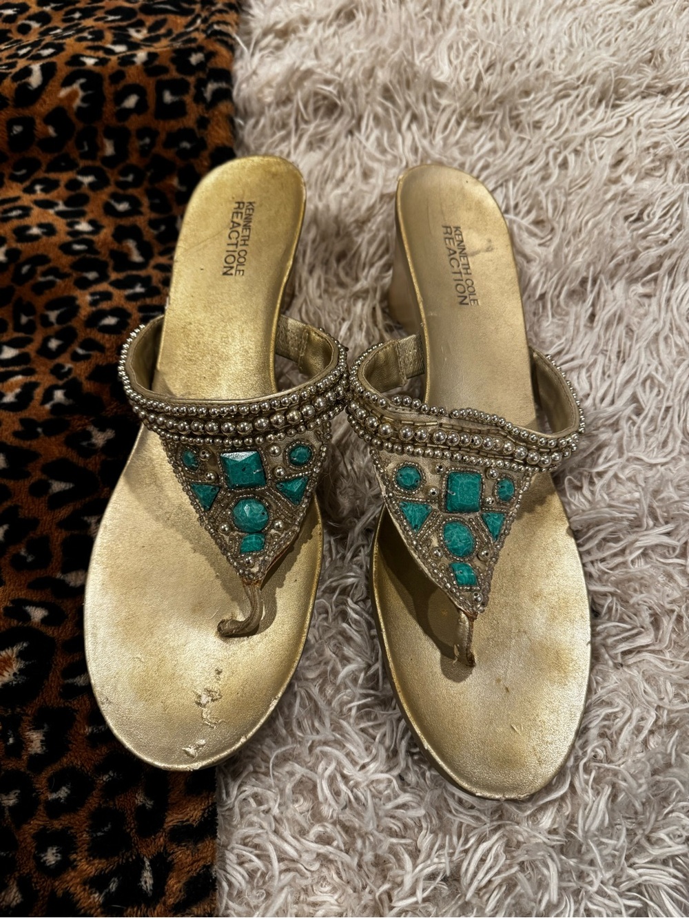 Kenneth Cole Reaction Gold Sandal with Turquoise Gem Accents